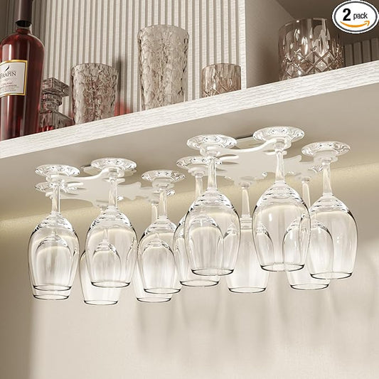 Under Cabinet Wine Glass Holder, 360° Infinitely Rotating Wine Glass Holder, 2PACK No Drilling Wine Glass Rack for Kitchen, Dining and Bar.(White)