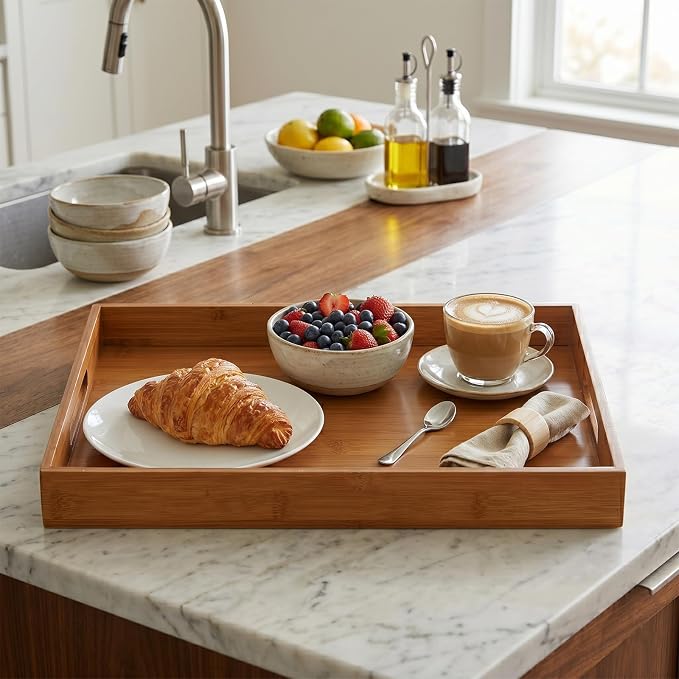 Briful Bamboo Decorative Tray with Handles - 16 x 12 Inch Rectangle Serving Tray for Coffee Table Decor Farmhouse Kitchen Counter Organizer & Bathroom Vanity, Brown