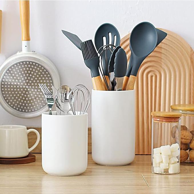 Ceramic Utensil Holder, Black Kitchen Utensil Holder for Countertop Large Utensil Crock Modern Cooking Utentsils Holder Kitchen Spatula Holder Farmhouse Kitchen Decor for Counter Organizer(Grey/L)