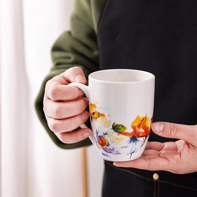 GBhome 12oz Coffee Mugs Set fo 6, Ceramic Coffee Mugs with Decaled Flowers for Man Woman Mom Dad, Light Weight Coffee Mugs Set for Latte/Cappuccino/Cocoa/Milk, Dishwasher & Microwave Safe