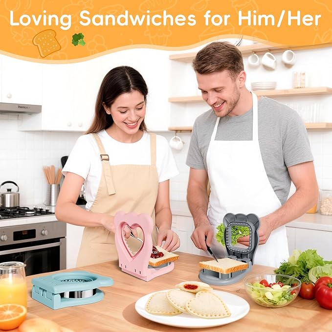 HINZER Sandwich Cutter and Sealer, Lunch Breakfast Sandwich Maker Stainless Steel Bread Decruster Heart Square Circle Cookie Cutter for Kids Children Adult Boys Girls