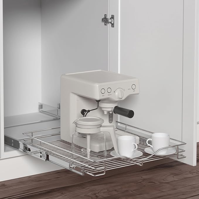 DINDON 1 Tier Pull Out Cabinet Organizer (20" W x 18" D) Heavy-Duty Metal Sliding Drawer Shelf, Slide Out Wire Basket for Kitchen Cabinets, Pantry, Bathroom, Chrome Finish…