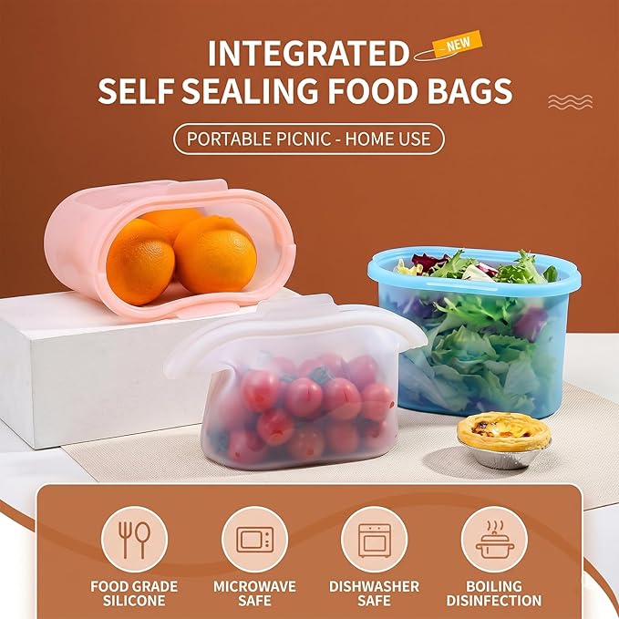Silicone Storage, Everbag Silicone Food Storage Bags, Spliceable, wide opening, Reusable Silicone Storage Bags, High-Temperature Resistant, Leak-Proof, Microwave and Dishwasher Safe (pink)