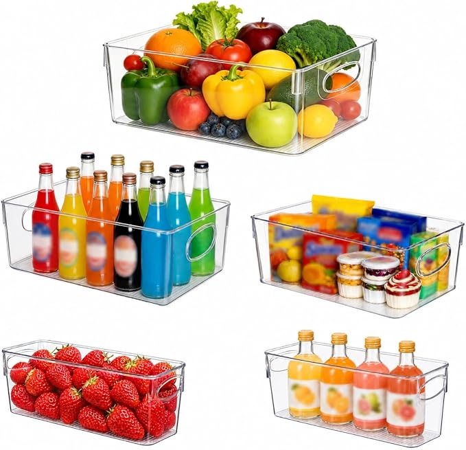 UFORU 5 Pack Clear Pantry Organizers and Storage, Stackable Plastic Storage Bins with Handles, Clear Storage Bins for Kitchen, Fridge, Freezer, Cabinet and Containers for Pantry Organization