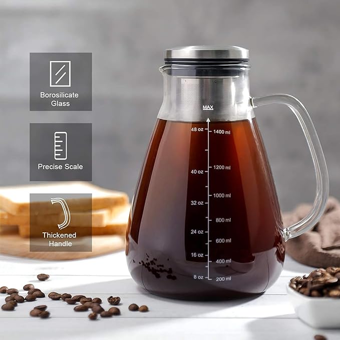 YMMIND Cold Brew Iced Coffee Maker 51oz, Brewed Coffee Pot with Removable Double Mesh 304 Stainless Steel Filter, BPA-Free Cold Brew Pitcher Glass Container, Tea Maker