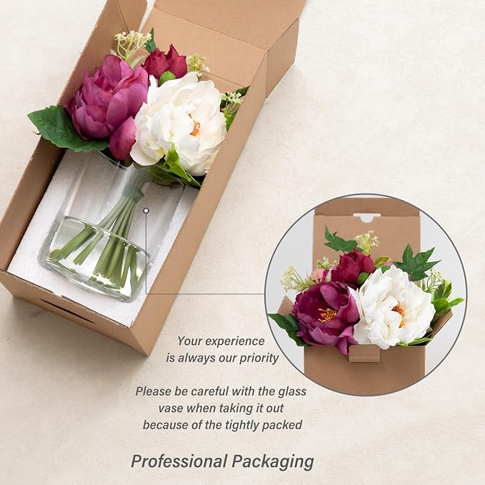 WELL KNOWN Artificial Flowers in Glass Vase with Fake Water, Silk Peony Flower Bouquet for Home Dinning Tea Table, Office Desktop, Hotel, Wedding, Party, Lavatory Decor & Gift (Fuchsia & White)