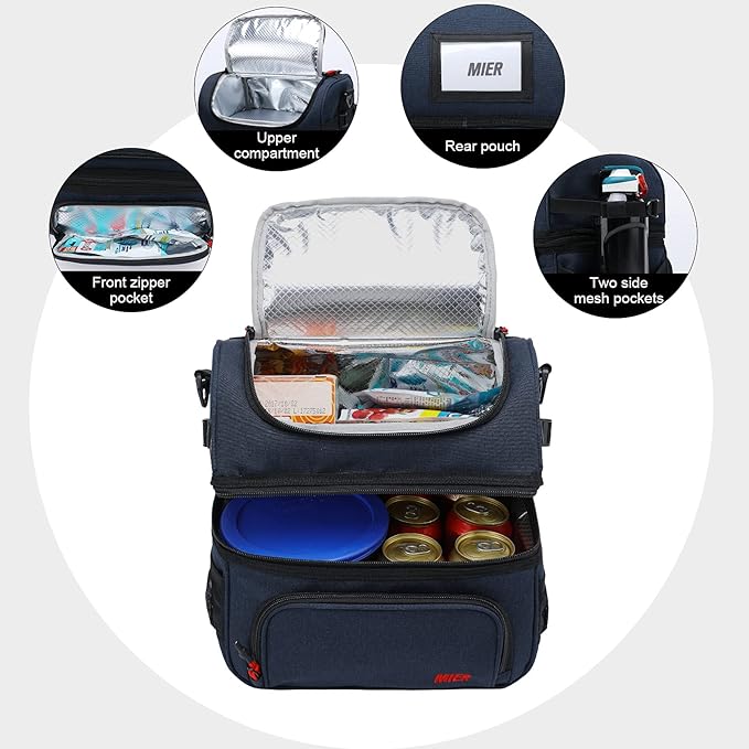 MIER Dual Compartment Lunch Bag Tote with Shoulder Strap for Men and Women Insulated Leakproof Cooler Bag, Dark Blue