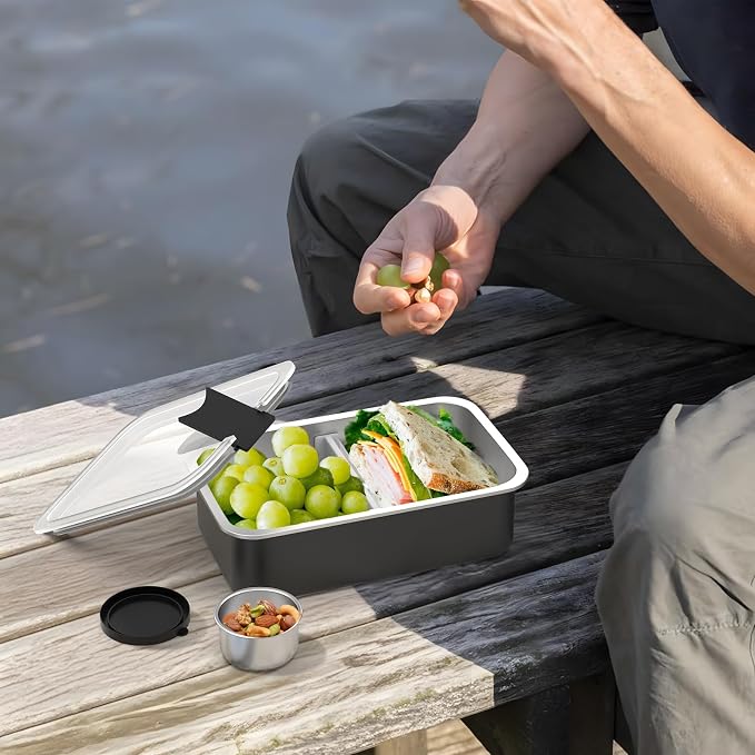 Bakpoco Stainless Steel Bento Lunch Box, 42oz Leak-Proof Metal Lunch Box Containers, Microwave-Safe, with Adjustable Divider, Convenient Lunchbox for Work, Travel