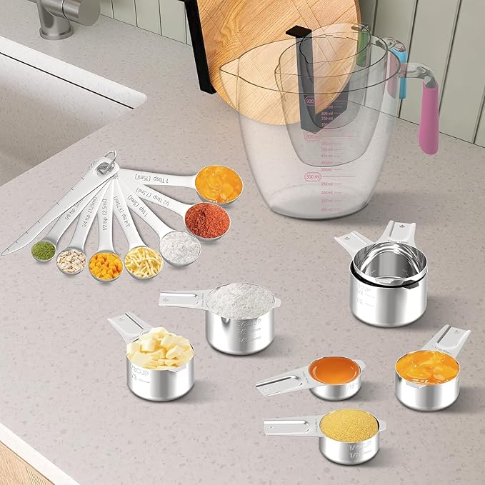 Stainless Steel Measuring Cups and Spoons Set, 6 Stainless Steel Measuring Cups, 7 Measuring Spoons & 1 Leveler, 3 Plastic Measuring Cup with 1 Measuring Conversion Chart