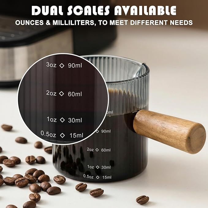 2 Pcs Double Spouts Measuring Espresso Cups Shot Glasses with Wood Handle 4 oz Dual Scale V-shaped Mouth Measuring Glasses Demitasse Cups Ribbed Milk Frothing Pitcher for Coffee Bar