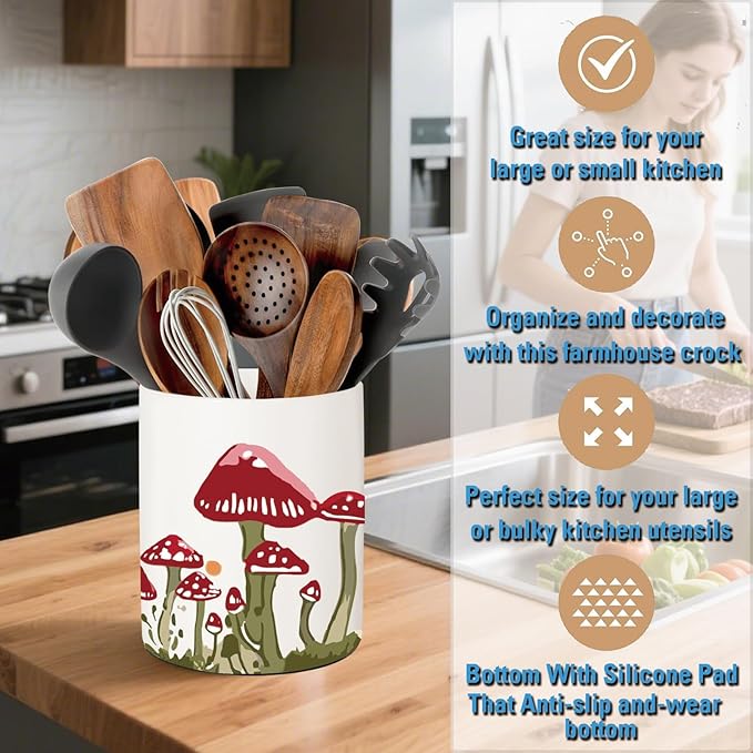 Mushroom Kitchen Decor, Ceramic Utensil Holder Bee Decor, 6.5 Inch Farmhouse Indoor Kitchen Decorative Utensil Rack For Spoon Storage and Cooking Tools