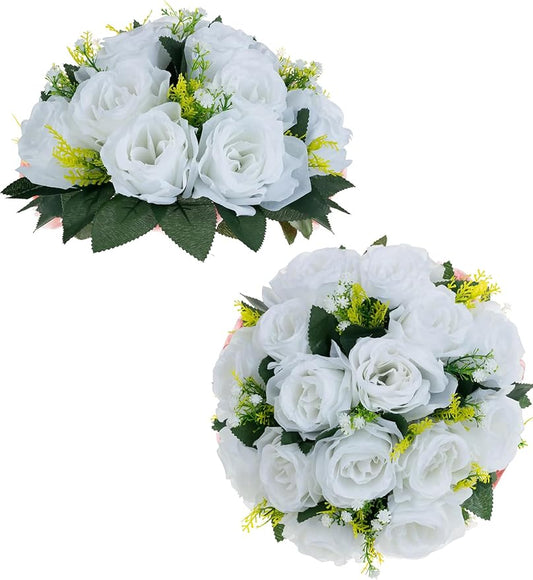 BLOSMON White Roses Artificial Flowers: 2 Pcs Fake Floral Balls Centerpiece for Wedding Table - Artificial Silk Kissing Bouquet Flower Arrangement for Home Party Event Decor