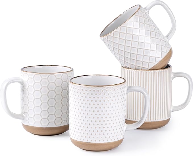 GBhome Large Coffee Mugs Set of 4, 16oz Handmade Stoneware Coffee Mugs Set with Large Handle for Cappuccino/Latte/Tea/Hot Cocoa, Dishwasher & Microwave Safe, Off White