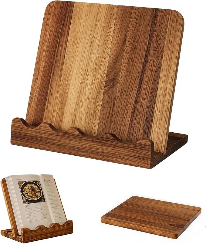 Wooden Cookbook Stand with Wave Edge Detachable Cutting Board Recipe Book Holder for Kitchen Countertop
