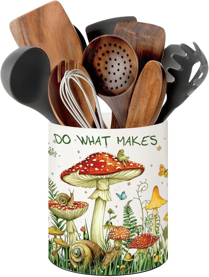 Mushroom Kitchen Decor, 6.5inch Ceramic Utensil Holder with Mushroom Design, Rustic-Style Indoor Kitchen Utensil Storage Rack, Ideal for Spoon Storage and Cooking Tools, Gift for Kitchen Organizers