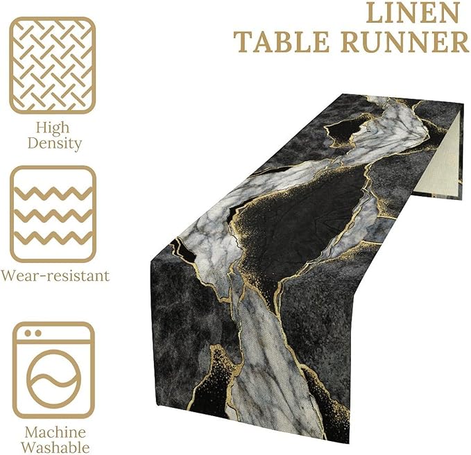 Marble Table Runner, Black Grey and Gold Abstract Modern Luxury Texture Printed Linen Table Runners for Home Farmhouse Kitchen Dining Room Party Holiday Decor 13" W x 36" L