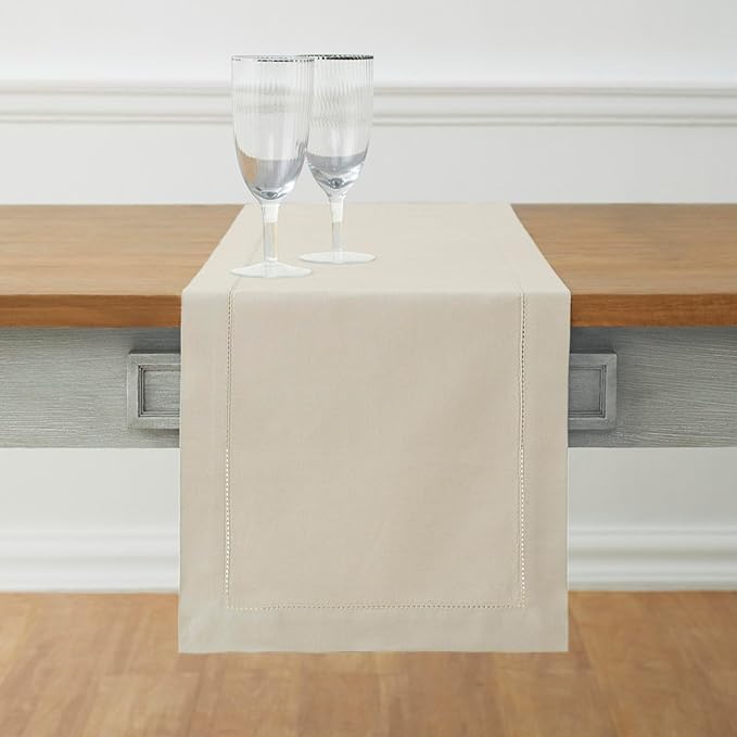 Solino Home Linen Table Runner 108 Inches Long - Cotton Linen Hemstitch Table Runner 14 x 108 Inch for Spring, Summer