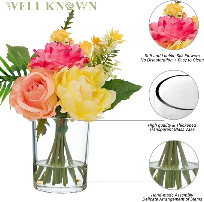 WELL KNOWN Artificial Flowers in Glass Vase, Spring Flowers Silk Rose Peony Bouquet for Home Dining Table, Office, Hotel, Wedding, Party, Lavatory Decor & Birthday Gift (Hot Pink, Coral & Yellow)