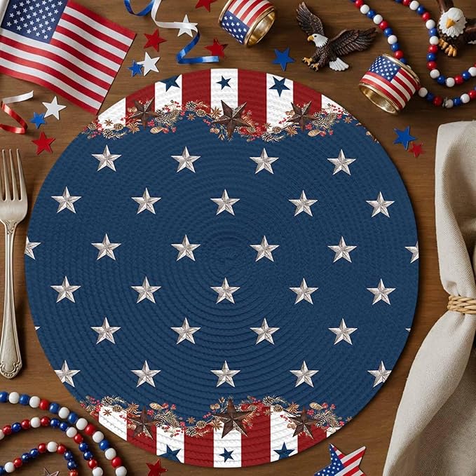 4th of July Round Placemats Set of 2 Rustic Star Stripes Place Mats Independence Day Woven Placemat Red White and Blue Circle Braided Table Mat for Kitchen Dining Table Holiday Party Decor 15 Inch