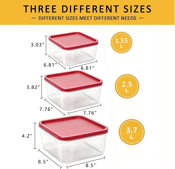 REDANT Plastic Food Storage Containers with Lids Airtight - Large Meal Prep Containers Reusable for Freezer - Bread Box for Cookies, Sandwich, Cake & Muffin, Leak-Proof & Stackable, Square, 3 Pcs