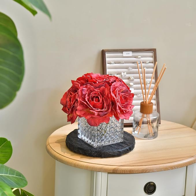 Artificial Rose in Glass Vase Vintage Silk Flower Arrangement with LED Light for Table Centerpiece Home Wedding Decoration (Red)