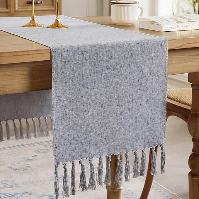 Linen Style Rustic Table Runner, Farmhouse Cotton Linen Table Runner, Boho Table Runners 36 Inches Long with Hand Tassels for Home Tabletop Decor and Everyday Use - Silver Grey, 36 Inch