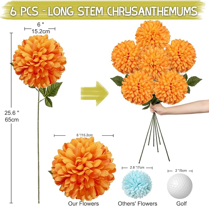 Briful [6PCS Autumn Artificial Chrysanthemum Flowers – 25.6” Long Stem Faux Silk Flowers with Large 6” Bloom Heads, Realistic Plastic Leaves – for Home Wedding Party Office Fall Decor (Orange)