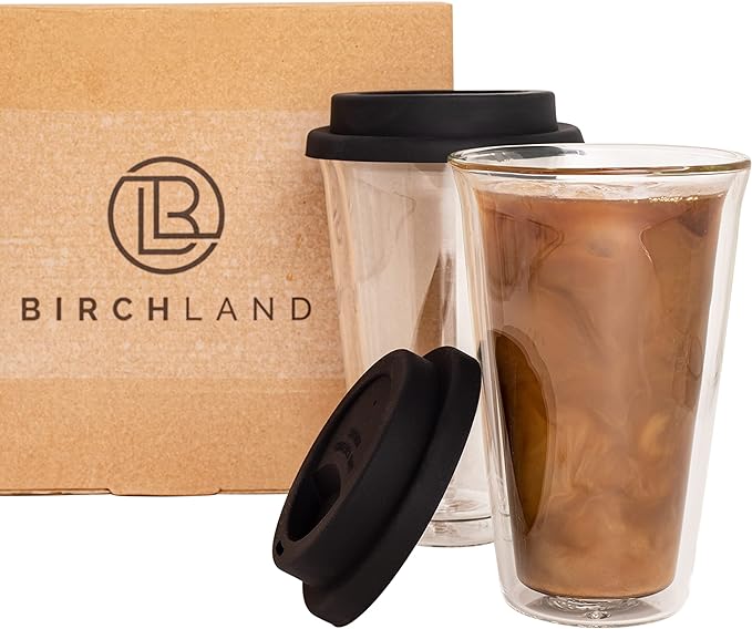 Birchland 2-Pack Insulated Glass Travel Mugs, 12 oz, Double Wall, Reusable Coffee Cups with Lids, BPA Free