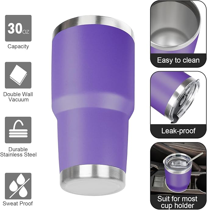 30 oz Tumbler with Lids and Straws Double Wall Vacuum Insulated Tumbler Cup,Stainless Steel Leak-proof Thermal Tumbler Powder Coated Travel Coffee Mug for Cold and Hot Drinks,Dark Purple