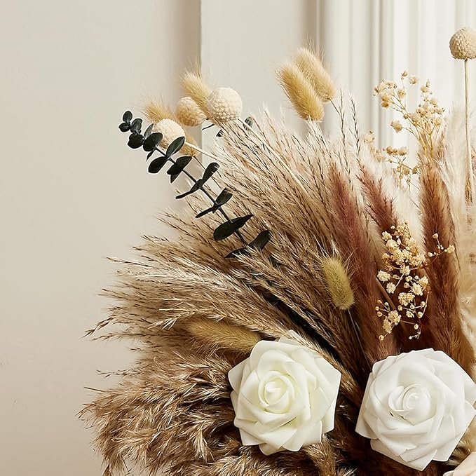 Wracra 100pcs Artificial Flowers in Vase, Fake Flowers Arrangement with Vase, Dried Pampas Grass Floral Centerpieces for Home Office Decoration, Farmhouse Kitchen Dining Table Decor