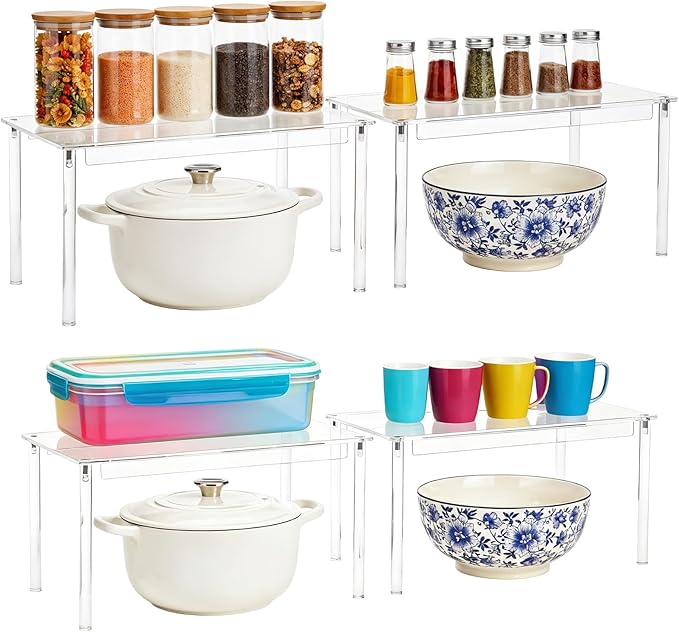 4 Pcs Clear Acrylic Cabinet Organizer Shelves, Stackable Spice Rack & Shelf Riser for Kitchen Pantry, Countertop, Bathroom, Desk & Cupboard Storage, Versatile Display Organizer for Makeup