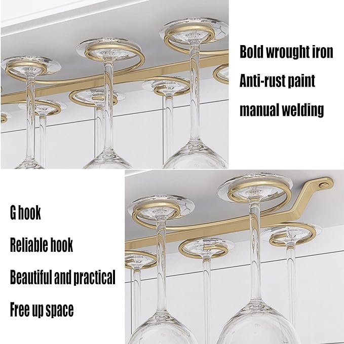 Under Cabinet Wine Glass Holder Iron 12 Hooks, Black Wire Hanging Rack, Storage Hanger Organizer, Space Saving, With 6 Hooks For Multiple Uses, Easy To Install