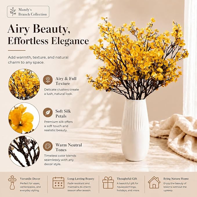 Mandy's Dark Yellow Artificial Baby’s Breath Flowers 6 Bundles Silk Gypsophila, 18.5 Inch European Style Modern Home Decor Centerpiece, Neutral Wedding Flower Arrangements