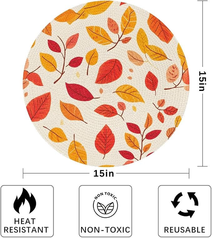Round Placemats Set of 4, Autumn Maple Leaves Woven Placemats Mats Non-Slip Heat Resistant Washable Table Mats Round Braided Place for Farmhouse Kitchen Dining Party Decor 15in-6