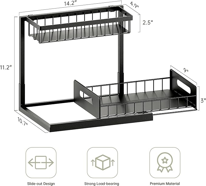 VUSIGN Under Kitchen Sink Organizer 2 Tier, Pull Out Bathroom Sink Organizers and Storage, Cabinet Kitchen Bathroom Storage Organization Shelf, 1 Pack Black