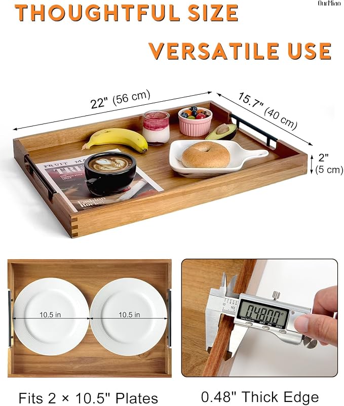 22" x 15.75" Acacia Wood Ottoman Serving Tray with Black Metal Handles | Large Rectangular Wooden Tray for Living Room, Kitchen, Coffee Table, Coffee Station, Party