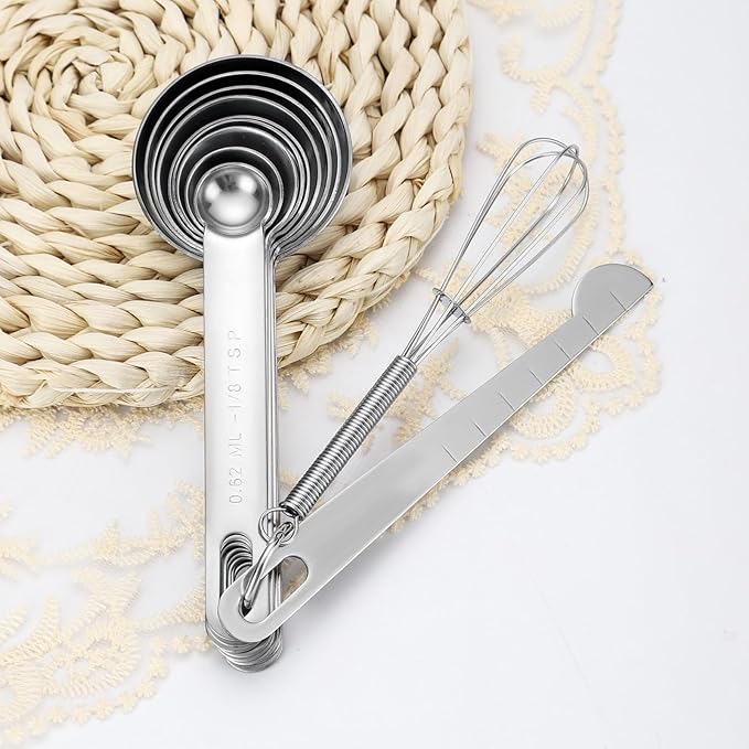 Stainless Steel Measuring Spoons Set - 8 Piece Metal Measuring Spoons with Leveler & Whisk for Cooking & Baking, Kitchen Measuring Spoons Fits Spice Jars, Professional Heavy Duty Gadgets
