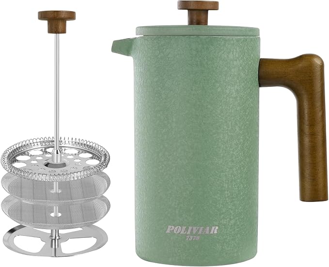 POLIVIAR French Press Coffee Maker, 34 oz | Real Wood Handle Coffee Press, Double Wall Insulation, Dual-Filter Screen, Food Grade Stainless Steel, For Coffee and Tea