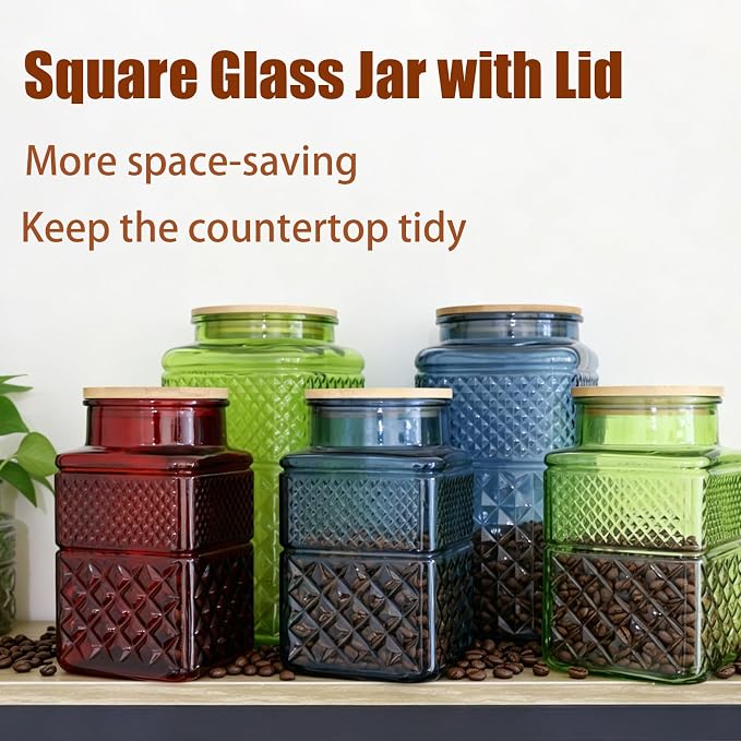 Viovian 60oz Red Glass Jar with Lid and Spoon Square Glass Storage Jars,Vintage Coffee Canister Decorative Glass Container for Food Nuts Sugar