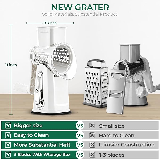 SUSTEAS Rotary Cheese Grater with Handle - Vegetable Shredder with 5 Well-designed Blades & Strong Suction Base,Round Mandoline Slicer & Food Chopper for Kitchen,with Blade Storage Box(White)