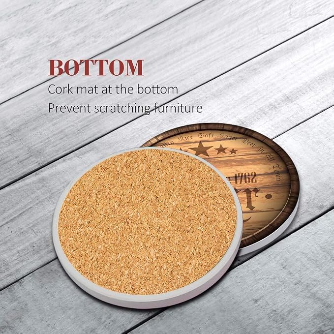 Britimes Set of 6 Coaster for Drinks Absorbent with Cork Base, Metal Holder, Wooden Texture Round Stone Drink Mat for Coffee Wood Table, Gift for Birthday, Farmhouse Housewarming Room Bar Decor