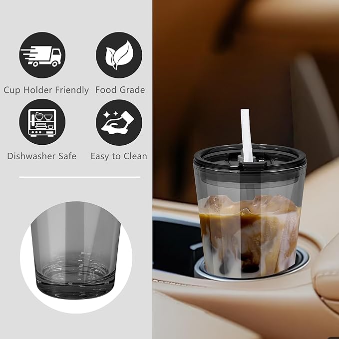 15oz Glass Iced Coffee Cup Set of 2 with Lid and Straw, Thick Leak Proof Drinking Glasses Tumbler for Gift, Cold Drink, Smoothie, Boba Tea (Gray & Clear)