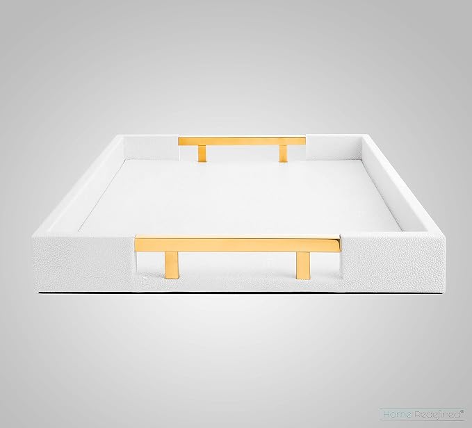 Home Redefined Modern Elegant 17.5"x12" Rectangle Glossy Faux Leather Shagreen White Decorative Serving Tray with Gold Polished Metal Handles for Ottoman Coffee Table Perfume