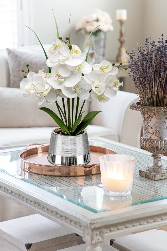 Oairse Artificial White Phalaenopsis Orchid Flower Arrangements Faux Orchid Flower in Silver Pot Orchid Centerpiece for Dining Room Table