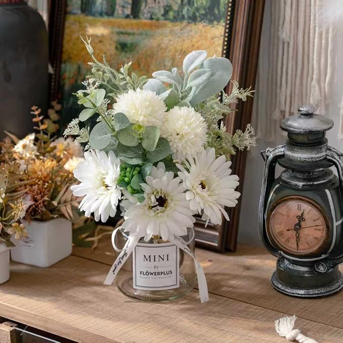 LADADA White Artificial Daisy Flower Set Glass Vase Table Centerpiece Home Decor