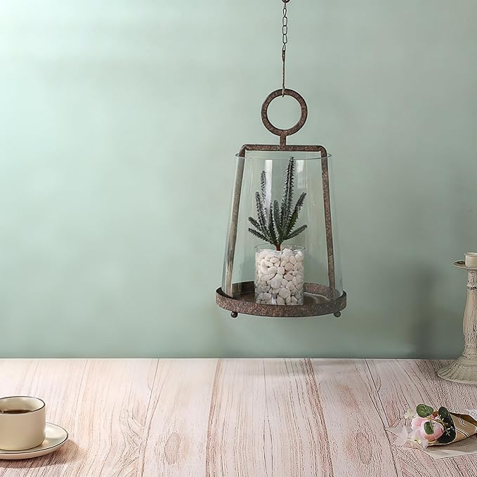 9" Modern Farmhouse Metal Hurricane Candle Holder with Handmade Sturdy Glass Sleeve in Rustic Brown for Pillar Candle & Plants, Glass Hurricane Lantern, Industrial, Minimalistic