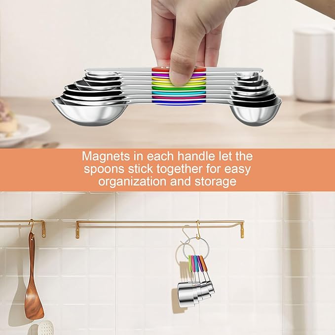 13-Piece Measuring Cups and Magnetic Spoons Set, 5 Stainless Steel Measuring Cups, 7 Double-Sided Magnetic Measuring Spoons & 1 Leveler for Cooking and Baking (5+7+1)