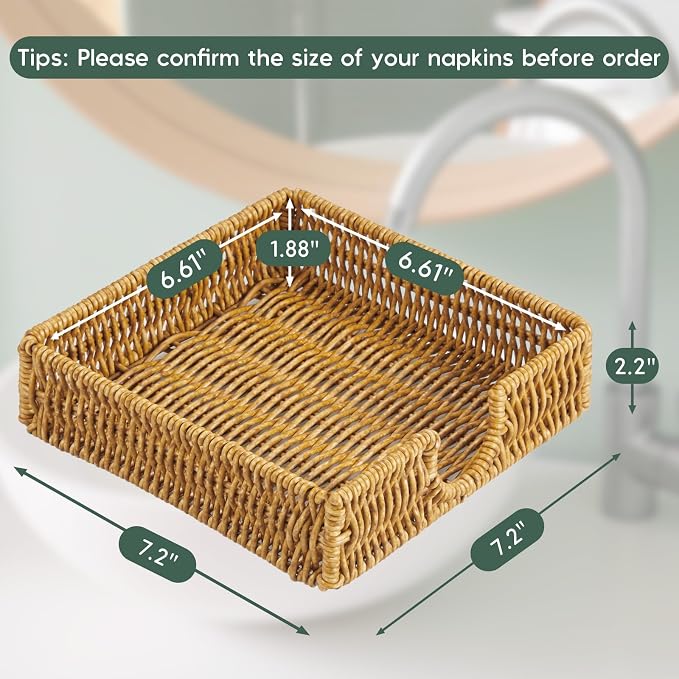 Napkin Holder for Table, Woven Wicker Synthetic Rattan Napkin Holders For Paper Napkins, Napkin Holders for Kitchen Dinner Table Boho Decor and Accessories, Square Napkin Basket and Serving Tray