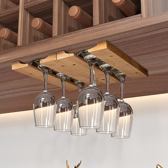 Woody Wine Glass Holder Rack 11 Inch Woody Hanging Wine Glass Holder Mounted Under-Cabinet Stemware Storage Rack with 8 Mounting Screws No Drilliing(4 rows 2 rows)