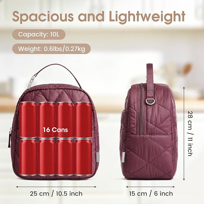 G4Free Large Insulated Lunch Bag, Leakproof Quilted Lunch Box Women Men, Reusable Puffer Lunch Bag For Work Picnic Travel, Dark Red